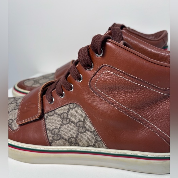GUCCI Monogram Canvas Web GG Brown Leather High Top Men’s Sneaker Strap Size 12 - Picture 6 of 17